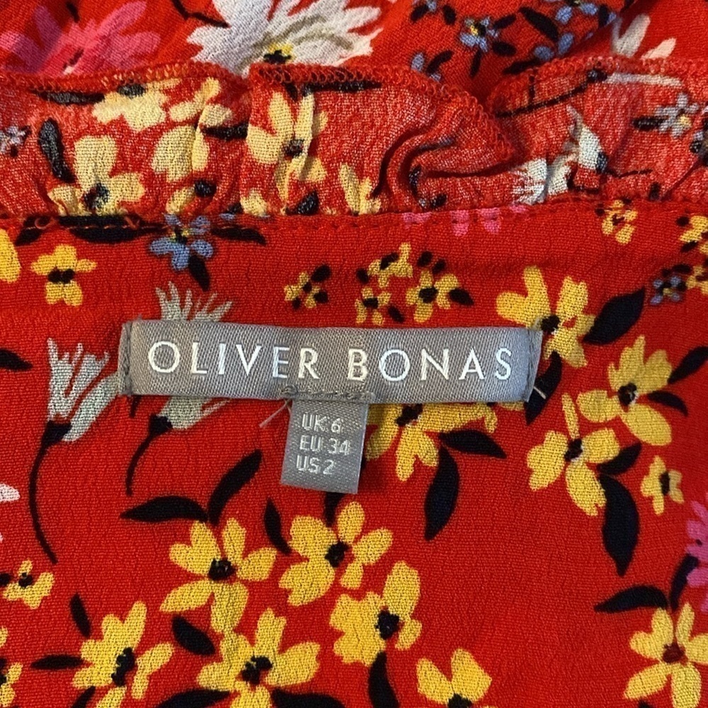 Oliver Bonas Floral Print & Frilled Bib Trim Red Midi Dress 2 EE29 - Picture 14 of 16